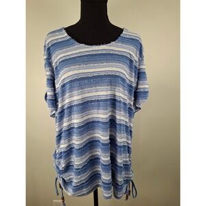 Ruby Rd Woman 1X Blue White Striped Textured Top Frayed Trim Beaded Drawstring